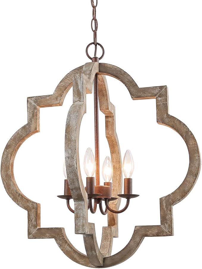 LOG BARN Large Farmhouse Chandelier Handmade Wood 4 Lights Fixtures Hanging for Dining, Bedrooms, Living Rooms and Hallway