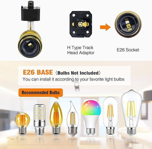 E26 Track Light Heads H Type Track Lighting Heads Direction Adjustable LED Track Lights Fixture Dimmable for Kitchen, Retro Vintage Style, Bulbs Not Included - Pack of 4(Brass)