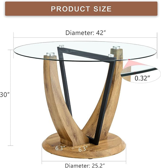 JUFU Round Dining Table for 4, 42 Inch Dining Room Table, Wood Small Kitchen Table with Stable Pedestal, Modern Glass Dining Table for Kitchen,Living Room,Apartment,Restaurant