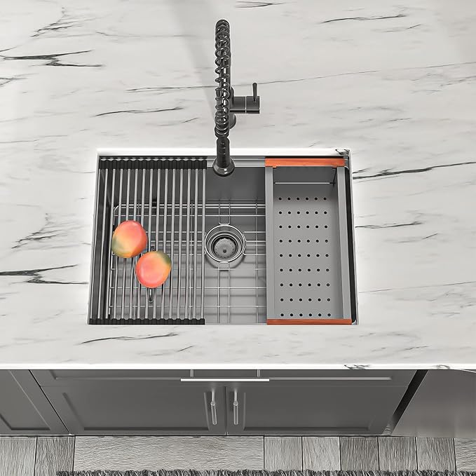 Dcolora 27" Gunmetal Black Stainless Steel Undermount Kitchen Sink Workstation - 16 Gauge Single Bowl Basin (27"x19"x10"), DC-U7707