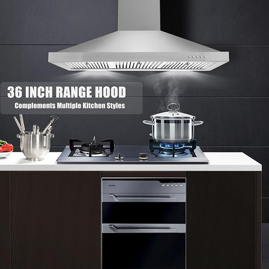 36 inch Range Hood, Wall Mounted Vent Hood in Stainless Steel, Ducted/Ductless Kitchen Hood w/Push Button Control, 3 Speed Exhaust Fan, 3 Pcs Baffle Filters, Energy Saving LED Light