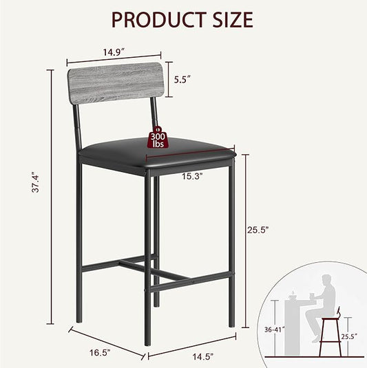 TrailBlaze Modern Upholstered Bar Stools Set of 2 with Back and Footrest, 25.5'' Counter Height Dining Chairs, Thick Cushioned Metal Frame - Kitchen Island, Bar, Dining Room - Easy Assembly - Grey