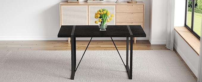 55" Extendable Island Table, Rustic Dining Table with Metal Frame, Mid Century Dining Table for Kitchen Dining Living Room, Black