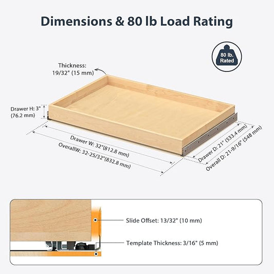 Pull Out Drawers for Cabinets - Birch Wood Pull-Out Drawer 32" W x 21" D - Soft Close Slide Out Shelves for Kitchen Cabinets & Pantry Cabinet Organizer, Heavy Duty, Full-Extension