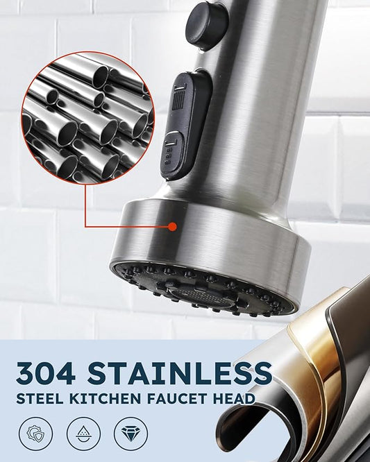 Stainless Steel Kitchen Faucet Head: ARCORA 3-Function Kitchen Faucet Head Replacement with 13 Adapters - Brushed Nickel Pull Down Spray Head Compatible with Moen, Delta, American Standard Faucets
