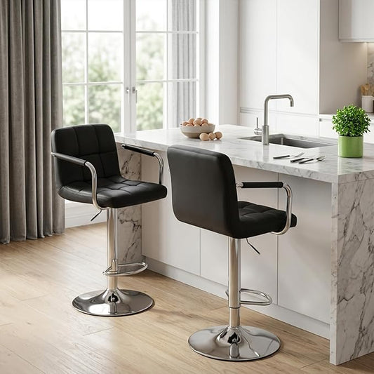 DUMOS Bar Stools Set of 4, Adjustable Swivel Bar Chairs with Padded Armrests and Ergonomic Backrest for Kitchen Island Counter Pub Dining Room, Water-Resistant PU Leather, Black