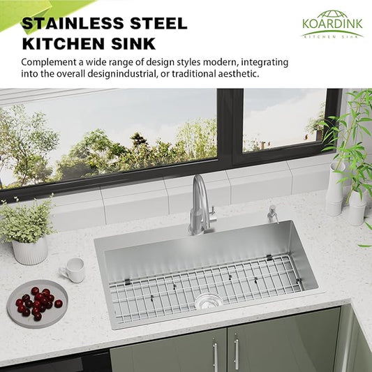 Kitchen Sink, 33x19 Inch Stainless Steel Drop In Modern Large Single Bowl Topmount Kitchen Sink Gift Combo-SS Grid,Silicon Mat, Drain Strainer Set Compatibility With Various Kitchen&Bar Style