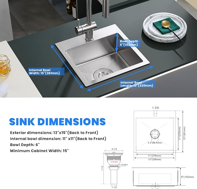 POPFLY 13 x 15 Inch Drop In Kitchen Sink, 18 Gauge SUS304 Stainless Steel Bar Sink 6 Inches Deep Basin Top Mount Single Bowl Handmade Sink