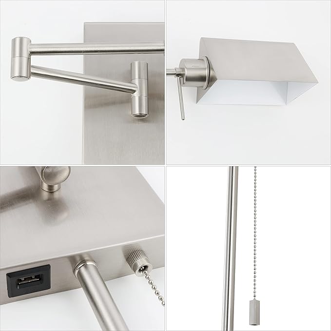 JONATHAN Y 22" Nickel Swing Arm Wall Sconce, Plug-in or Hardwired with USB Charging Port and Pull Chain, Iron Shade, Industrial LED Reading Lamp (JYL6015C)