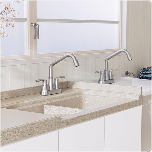 Phiestina Brushed Nickel Utility Sink Faucet 3 Hole, Laundry Sink Faucet with Pull Out Sprayer, Long Spout Dual Handle Modern Bathroom Faucet, 4 Inch CenterSet Room Sink Faucets, LF36CL-2M-BN