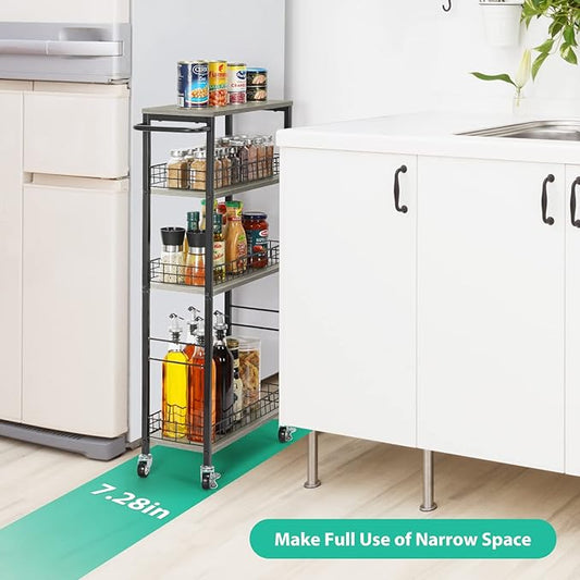 YBING Slim Storage Cart 4 Tier Narrow Rolling Cart on Wheels Mobile Kitchen Narrow Cart with Wooden Tabletop Grey Slim Utility Kitchen Storage Cart with Handle for Living Room 7.3''Wide