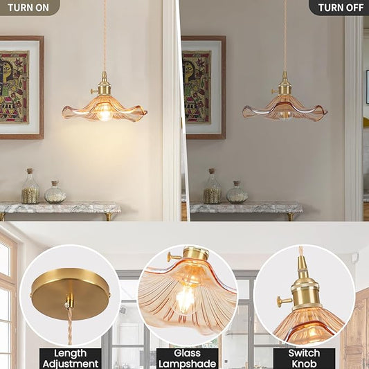 Glass Pendant Light Vintage Light Fixtures,Amber Modern Chandelier Pendant,E26 8.8" Adjustable Hanging Light,Flower Pendant Lights Kitchen Island for Farmhouse Entryway Dining Room 1 Light