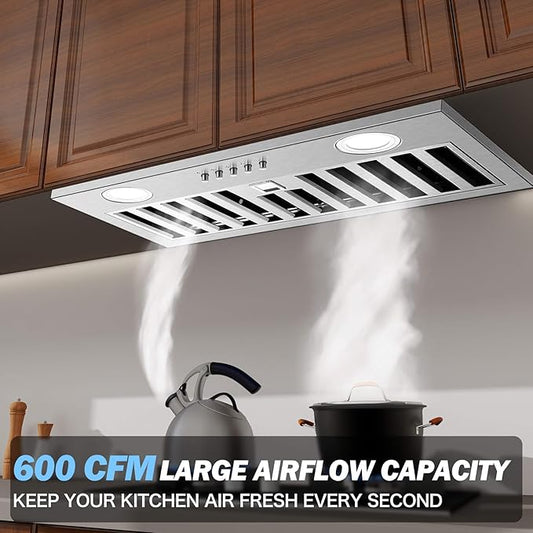 JOEAONZ Range Hood Insert 20 Inch 600 CFM Stainless Steel, Ducted/Ductless Convertible Ultra-Quiet Built-in Kitchen Exhaust Hood with Dishwasher-Safe Filter, 3-Speed & Dual LEDs Efficient Lighting