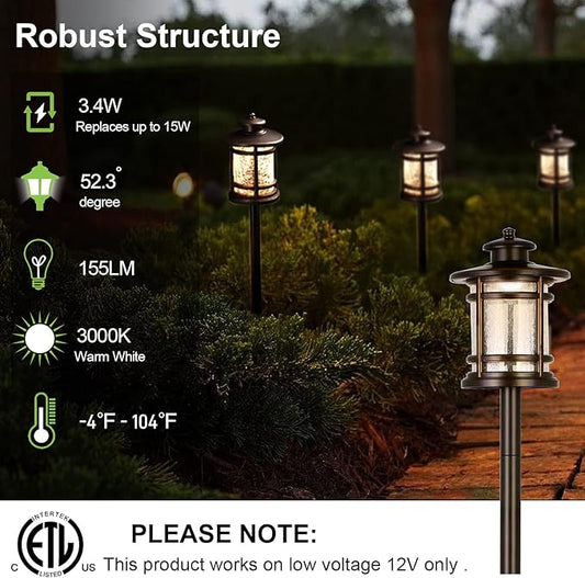 hykolity Low Voltage ORB LED Landscape Path Light with Crackled Glass Shade, 3.4W 155LM 12V-15V Wired Outdoor LED Walkway Light, Die-cast Aluminum Construction, 30-Watt Equivalent, 6 Pack