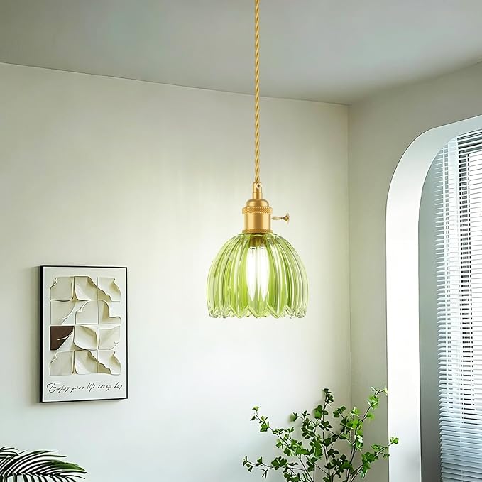 Ralbay 3 Pack Pendant Lights with Green Tulip Glass Lampshade, Mini Pendant Light Fixture with Switch, Adjustable Vintage Brass Hanging Light for Kitchen Island Bedroom Dining Room Hallway