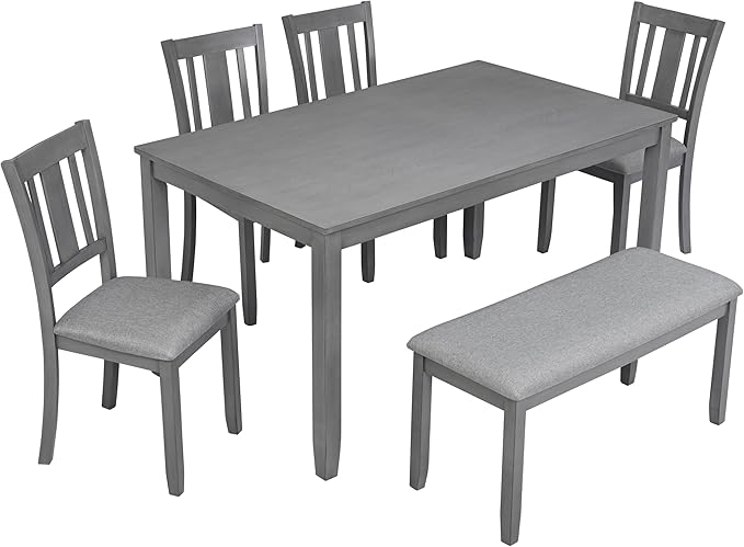 6-Piece Wooden Dining Table Set with 4 Upholstered Chairs and 1 Bench, Rectangular Kitchen Table Set for 6 People, Modern Dining Room Table for Kitchen and Dining, Gray