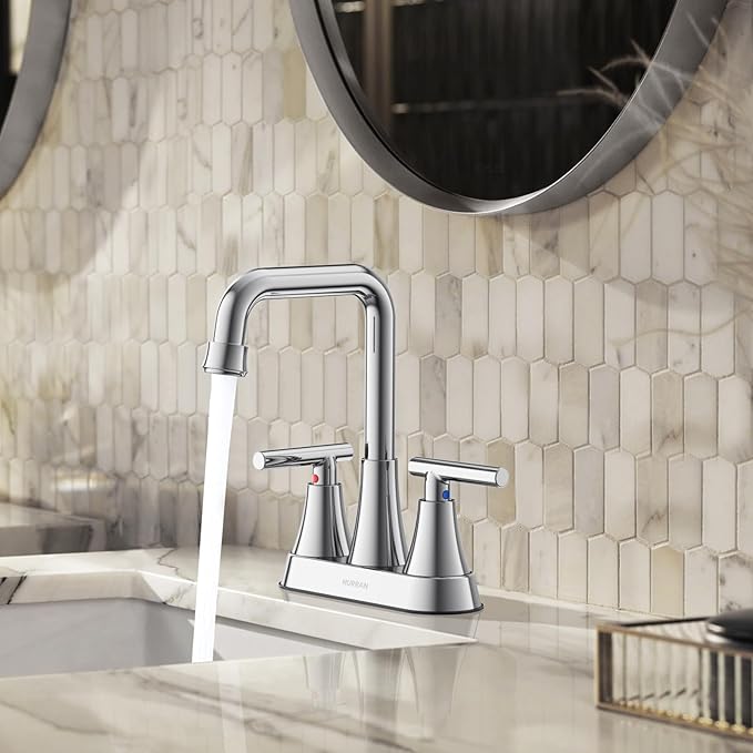Bathroom Sink Faucet, Hurran 4 inch Chrome Bathroom Faucets for Sink 3 Hole with Pop-up Drain and Supply Lines, Stainless Steel 2-Handle Centerset Faucet for Bathroom Sink Vanity RV Restroom