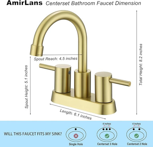 Brushed Gold Bathroom Faucet 2 or 3 Hole, 2 Handle 4 Inch Centerset Stainless Steel Bathroom Sink Faucet with Pop up Drain and Supply Lines, Gold Faucet for Restroom, Vanity, Rv, AML-21501-BG