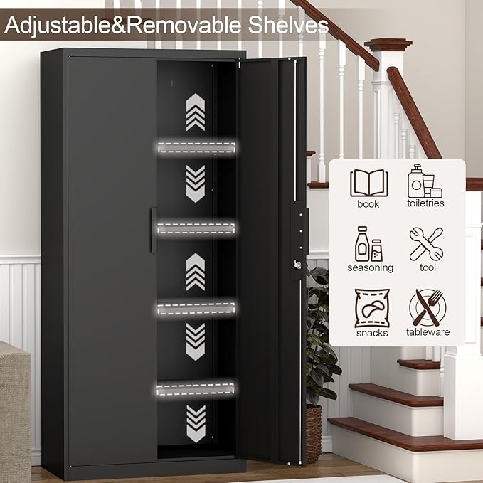 GREATMEET Metal Garage Storage Cabinets, 71" Tall Locking Cabinets with Doors and Shelves, Utility Cabinet with Lock for Garage, Home, Black