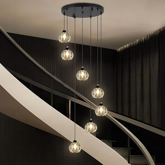 Weesalife Crystal Chandeliers for Staircases, 7-Light Black Modern Chandeliers for High Ceilings,Crystal Pendant Light Fixture for Living Room Kitchen Island Foyer Hallway Bar