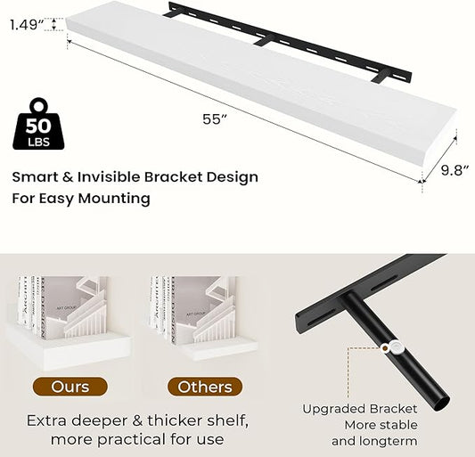 Dreamland 55 Inches Floating Shelves for Wall, 9.8" Deep Long Floating Shelves Set of 1, Large Display & Storage Shelf, Wall Shelf for Bathroom Bedroom Living Room Kitchen Office, White