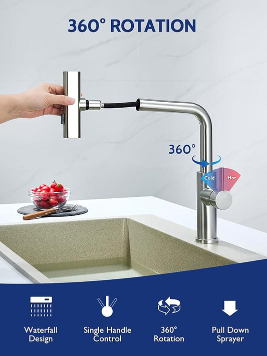 Kitchen Faucet with Pull Down Sprayer, Waterfall Single Hole Single Handle Sink Faucets with Pull-Down Sprayer for RV Kitchen Camper, Brushed Nickel Waterfall