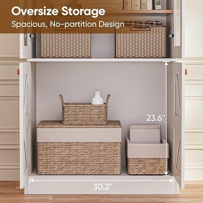 ivaniti 71" Tall Farmhouse Kitchen Pantry, Rustic Large Storage Cabinet with Glass Doors, Adjustable Shelves, Wood Versatile Hutch Cabinet for Dining Room, Living Room, White 4 pcs