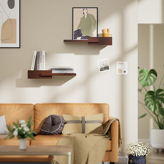 Floating Shelves for Wall, Set of 2 Rustic Wood 16 Inches Wall Mounted Shelves for Bathroom,Bedroom, Living Room &Kitchen, Heavy Duty Display Picture Ledge Shelf for Home Decor Storage Brown