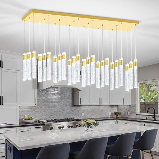 Glam Rectangular Crystal Column Chandelier for High Ceiling 24-Lights Gold LED Dimmable Pendant Light for Kitchen Island Dining Room Entrance Foyer Living Room Adjustable Height