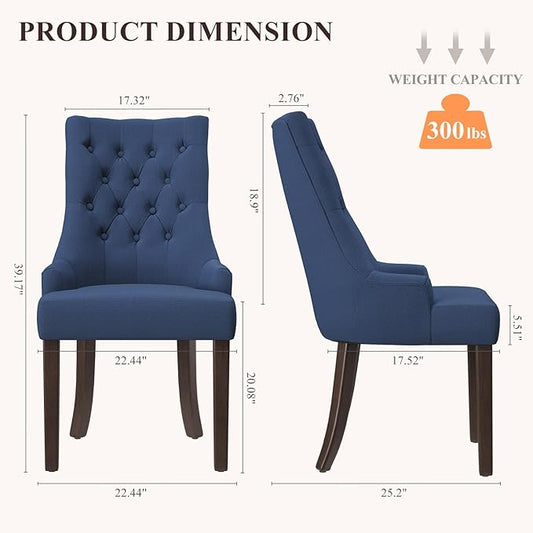 COLAMY Wingback Upholstered Side Dining Room Chairs Set of 2, Fabric Dining Chairs with Tufted Button, Living Room Chairs for Home Kitchen, Blue