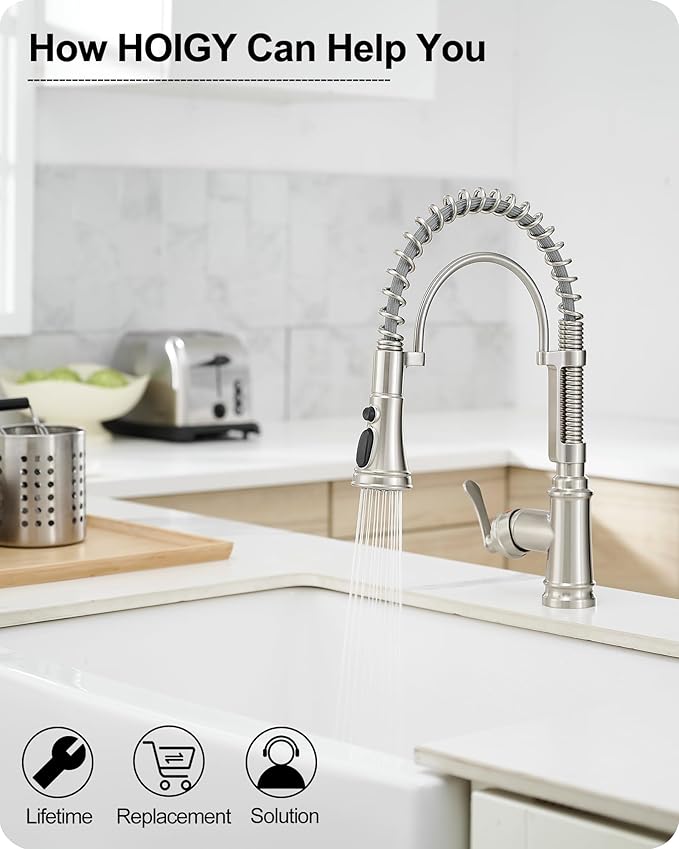 Pull-down Sprayer Kitchen Faucets Brushed Nickel 3 Mode Single Hole Kitchen Faucet 3 Hole, 360 Degree Swivel Stainless Steel Faucet for Kitchen Sink, 1 Handle Kitchen Sink Faucet with Deck Plate