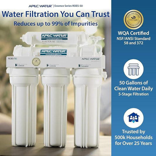 APEC Water ROES-50, 5-Stage Under Sink Reverse Osmosis Water Filter System, NSF Certified 372 & 58, 50 GPD, Reduces 99% of Impurities