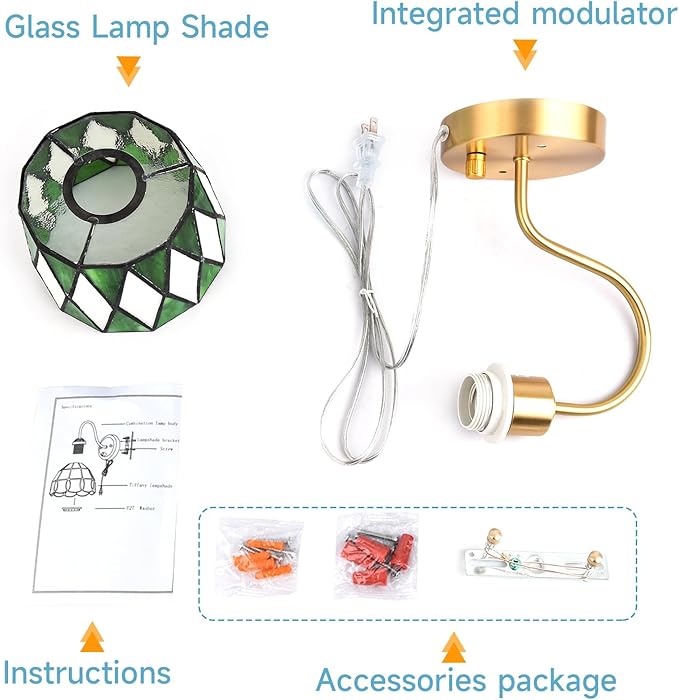 Vintage Bedside Wall Sconce with Dimmable Switch, Brass Industrial Gooseneck Wall Sconce with Plug in Cord, Stained Glass Shade Wall Light Perfect for Bedroom, Living Room and Hotel