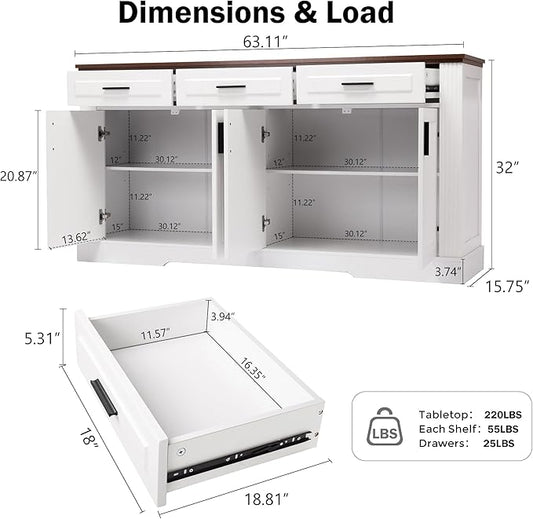 63" Large Buffet Sideboard with Storage, 32" Tall Kitchen Buffet Storage Cabinet with 3 Drawers, Modern Coffee Bar Cabinet with Handles, Long Sideboard Buffet Table for Kichen, Living Room (White-01)