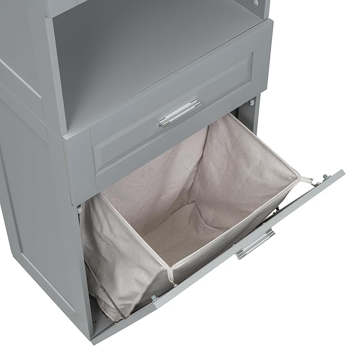 Merax 70" Tall Storage Cabinet with Laundry Hamper, 1 Drawer and Adjustable Shelf, Freestanding for Bathroom, Grey