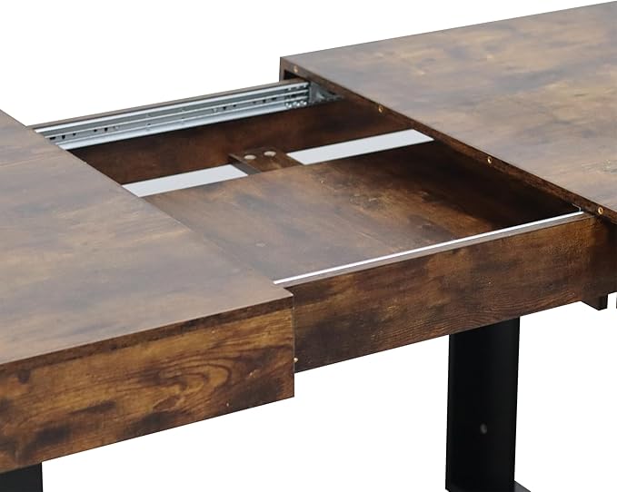 63" - 79" Extendable Dining Room Table, Expandable Kitchen Table for 6 to 10 People, Modern Wood Conference Table, Large Farmhouse Dining Table(Rustic Brown & Black, Double-U Base)