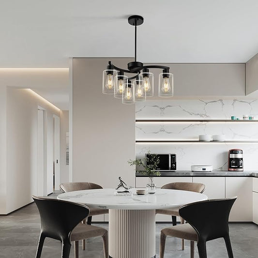 6 Light Modern Farmhouse Chandelier,Black Dining Room Light Fixture,Kitchen Pendant Lights Over Island with Glass Shade