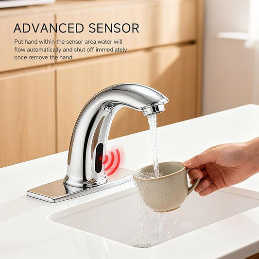 Automatic Touchless Bathroom Sink Faucet Bathroom Tap with Deck Plate, Battery or Plug-in Powered, Commercial Auto Motion Sensor Hot Cold Mixer Solid Brass Faucet, 1 Hole or 3 Hole, Chrome