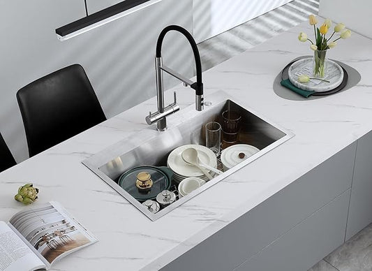 MENATT 30x18 Inch Drop in Kitchen Sink, 304 Stainless Steel Single Bowl with Dual Faucet Holes & Bottom Grid Mat, X-Shape Drain, 9" Deep Large Sink for Spacious Kitchen, Laundry, Bar, Commercial Use