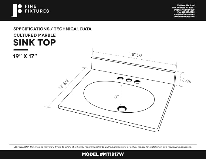 Fine Fixtures Cultured Marble Composite Bathroom Sink Top - Fits Standard 18” Vanity | Elegant and Durable Bathroom Sinks for Modern Homes - Upgrade Your Space - Perfect for Any Bathroom Design
