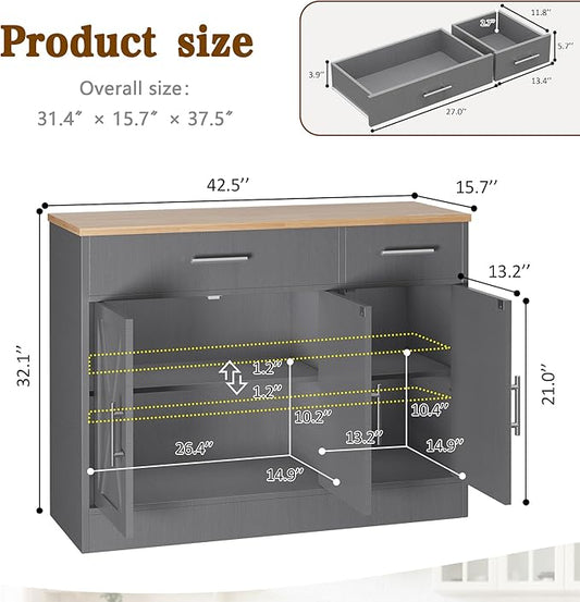 Vongrasig Sideboard Buffet Cabinet with Storage, 43” Farmhouse Coffee Bar Storage Cabinet with Drawers and Shelves, Modern Buffet Table for Kitchen, Dining Room, Grey