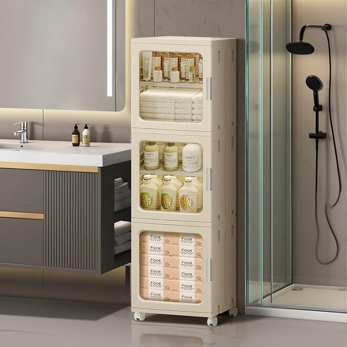 3-Tier Narrow Bathroom Storage Cabinet with Clear Doors and Adjustable Shelves, Plastic Slim Bathroom Organizers and Storage Small Spaces Pantry Kitchen Laundry Room Quick Assembly, Beige