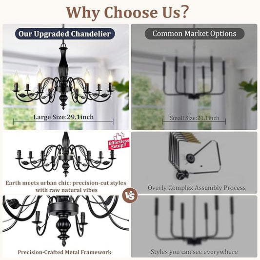 29" Large Black Chandelier for Dining Room, Modern Farmhouse 8-Light Light Fixture Hanging, Industrial Kitchen Lighting Fixtures with Leaf, Vintage Chandeliers Over Table for Bedroom Foyer Living Room