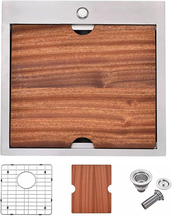 SHACO 21 Inch Drop In Kitchen Sink, 21x20 Inch Topmount Bar Sink 16 Gauge Stainless Steel Workstation Handmade Outdoor Laundry RV Small Prep Basin with Accessories