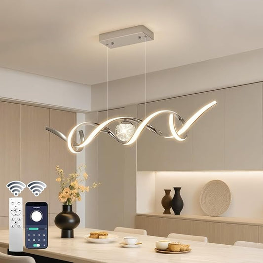 ORANOOR LED Modern Chandeliers for Dining Room, 39in Dimmable Chrome Chandelier Kitchen Pendant Lighting Over Island, Linear Wave Spiral Pendant Light Fixtures Dining Room Lights Ceiling Hanging, 36W