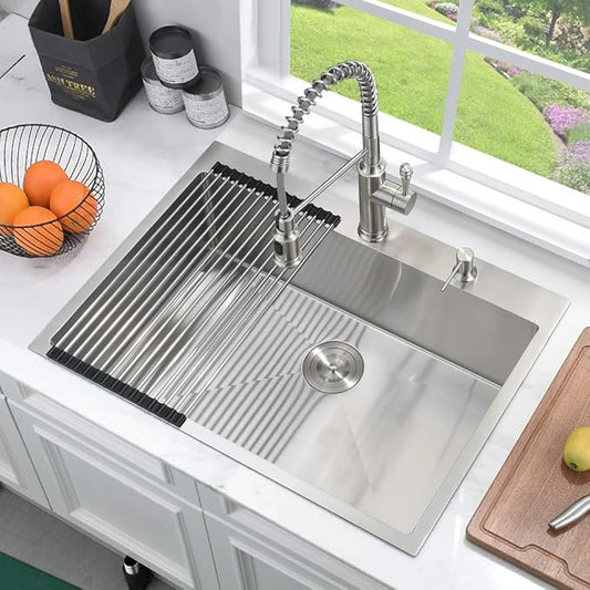 33 Inch Drop In Kitchen Sink-Bokaiya 33x22 Stainless Steel Kitchen Sink Drop In Top Mount 16 Gauge Deep Single Bowl Kitchen Sinks with Dish Grid&Strainer
