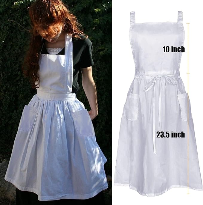 Cityelf Vintage White Apron Maid Pioneer Costume Victorian Style Cotton 50’s Ruffle Dress Apron with Long Ties and Pockets