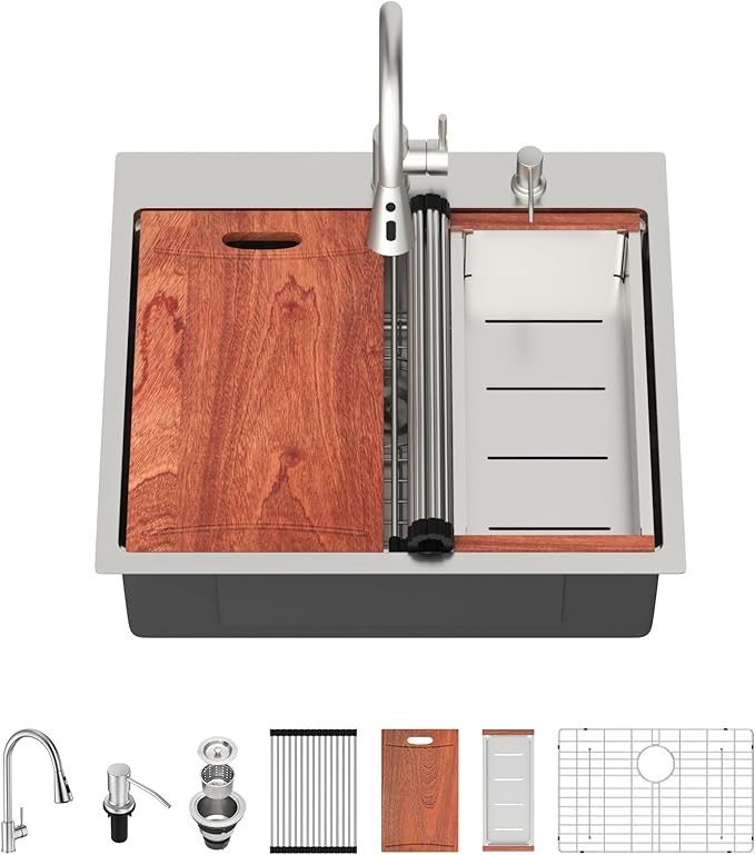 Lordear 25 Inch Drop In Kitchen Sink with Faucet 16 Gauge Stainless Steel Single Bowl 25x22x9 Topmount Kitchen Sink Workstation Sinks with Soap Dispenser