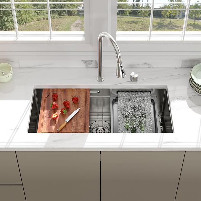 33 inch Undermount Kitchen Sink - Beslend 33x17x10 Waterfall Sink with Pull-Down Faucet 16 Gauge Stainless Steel, Double Track Workstation Kitchen Sinks with Faucet Combo, Handmade Dish Basin