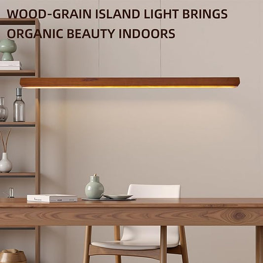 Wood Linear Pendant Light,47'' Dimmable Kitchen Island Lighting with Remote,28W LED Island Lights for Kitchen, Adjustable Linear Chandelier for Dinning Light Fixture,Pool Table Light Wood